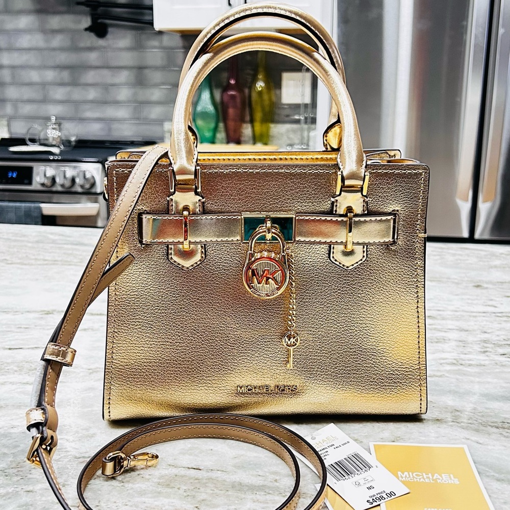 NWT Michael Kors Hamilton Pale Gold Metallic Leather Satchel